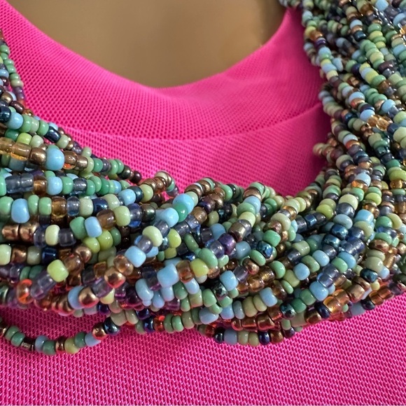 Glass seed-bead multi strand necklace in blue, green bronze lobster clasp 5309 L - Picture 3 of 16